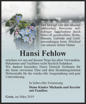 Traueranzeige von Hansi Fehlow