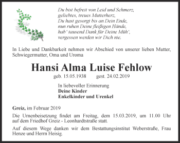 Traueranzeige von Hansi Alma Luise Fehlow