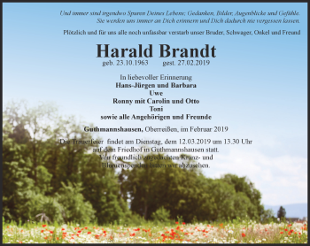 Traueranzeige von Harald Brandt von Thüringer Allgemeine