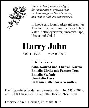 Traueranzeige von Harry Jahn von Ostthüringer Zeitung