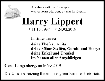 Traueranzeige von Harry Lippert