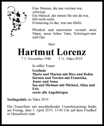 Traueranzeige von Hartmut Lorenz von Ostthüringer Zeitung