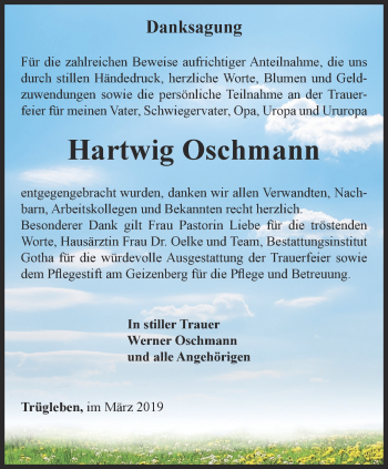 Traueranzeige von Hartwig Oschmann von Ostthüringer Zeitung, Thüringische Landeszeitung