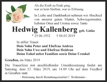 Traueranzeige von Hedwig Kallenberg von Thüringer Allgemeine