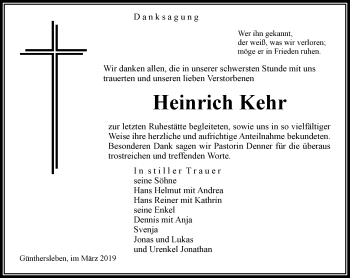 Traueranzeige von Heinrich Kehr von Ostthüringer Zeitung, Thüringische Landeszeitung