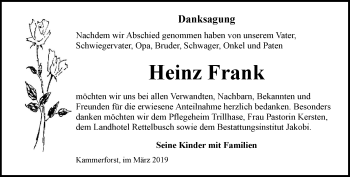 Traueranzeige von Heinz Frank von Thüringer Allgemeine, Thüringische Landeszeitung