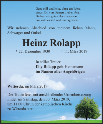 Traueranzeige von Heinz Rolapp von Thüringer Allgemeine, Thüringische Landeszeitung