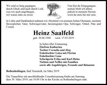 Traueranzeige von Heinz Saalfeld von Thüringer Allgemeine, Thüringische Landeszeitung