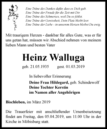 Traueranzeige von Heinz Walluga von Thüringer Allgemeine, Thüringische Landeszeitung