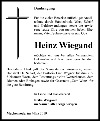Traueranzeige von Heinz Wiegand von Thüringer Allgemeine