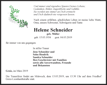 Traueranzeige von Helene Schneider