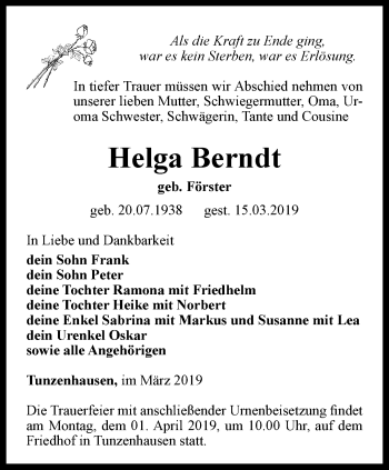 Traueranzeige von Helga Berndt von Thüringer Allgemeine