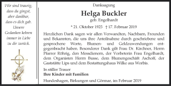 Traueranzeige von Helga Buckler von Thüringer Allgemeine