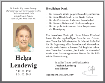 Traueranzeige von Helga Lendewig von Thüringer Allgemeine