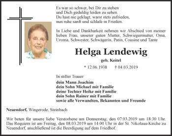 Traueranzeige von Helga Lendewig von Thüringer Allgemeine