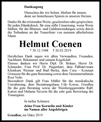 Traueranzeige von Helmut Coenen von Thüringer Allgemeine