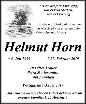 Traueranzeige von Helmut Horn von Ostthüringer Zeitung