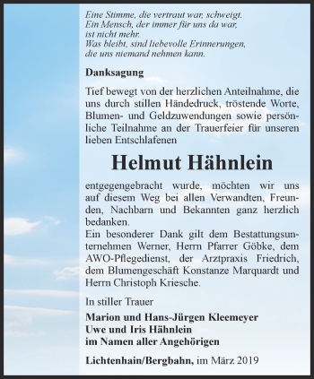 Traueranzeige von Helmut Hähnlein von Ostthüringer Zeitung