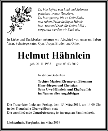 Traueranzeige von Helmut Hähnlein von Ostthüringer Zeitung