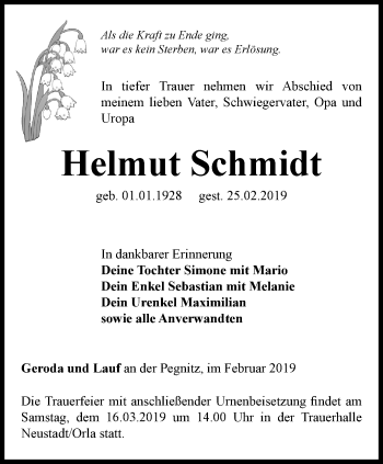 Traueranzeige von Helmut Schmidt von Ostthüringer Zeitung