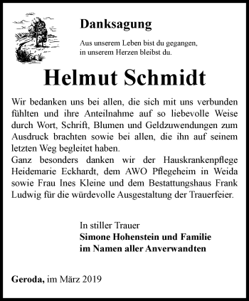 Traueranzeige von Helmut Schmidt von Ostthüringer Zeitung
