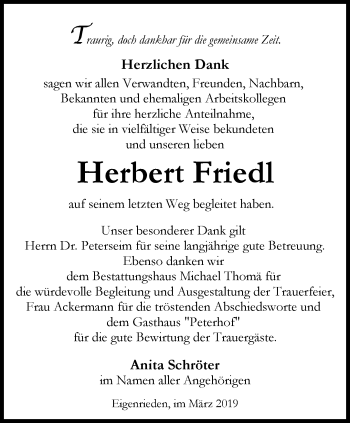 Traueranzeige von Herbert Friedl von Thüringer Allgemeine, Thüringische Landeszeitung