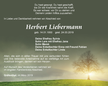 Traueranzeige von Herbert Liebermann von Ostthüringer Zeitung
