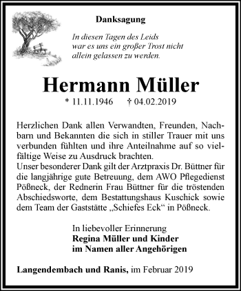 Traueranzeige von Hermann Müller von Ostthüringer Zeitung