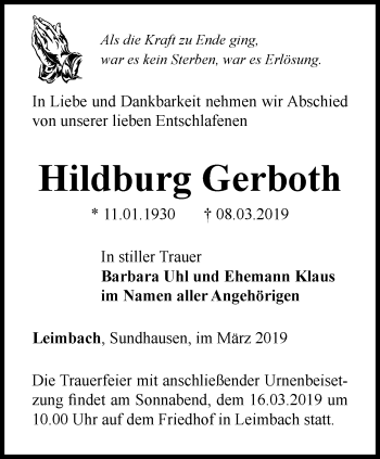 Traueranzeige von Hildburg Gerboth von Thüringer Allgemeine