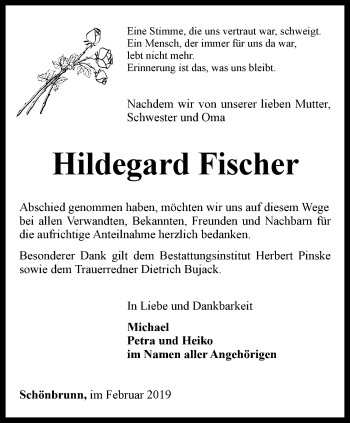 Traueranzeige von Hildegard Fischer von Ostthüringer Zeitung