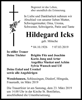 Traueranzeige von Hildegard Icks von Thüringer Allgemeine, Thüringische Landeszeitung