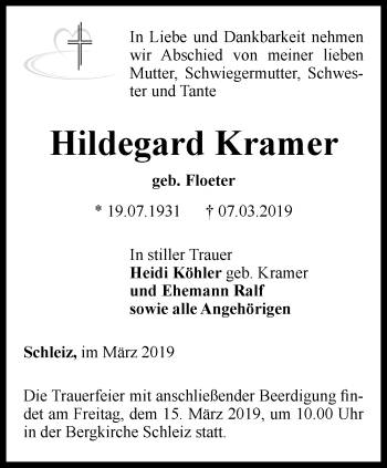 Traueranzeige von Hildegard Kramer von Ostthüringer Zeitung