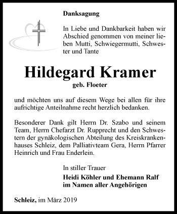 Traueranzeige von Hildegard Kramer von Ostthüringer Zeitung