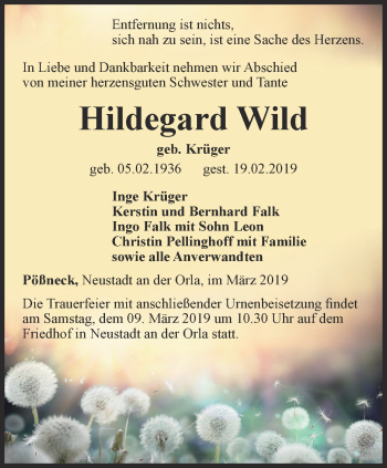 Traueranzeige von Hildegard Wild