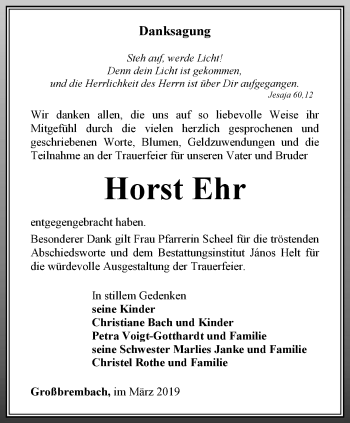 Traueranzeige von Horst Ehr von Thüringer Allgemeine