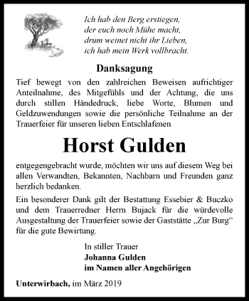 Traueranzeige von Horst Gulden von Ostthüringer Zeitung