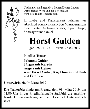 Traueranzeige von Horst Gulden von Ostthüringer Zeitung