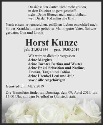 Traueranzeige von Horst Kunze von Thüringer Allgemeine