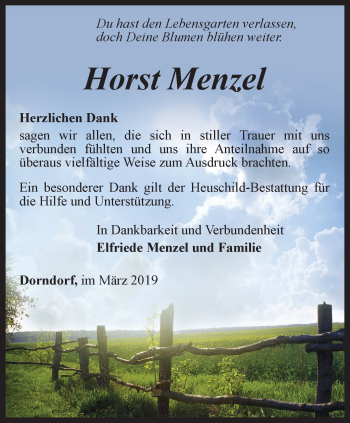 Traueranzeige von Horst Menzel von Ostthüringer Zeitung, Thüringische Landeszeitung