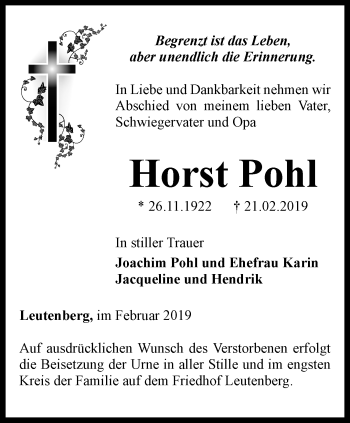 Traueranzeige von Horst Pohl von Ostthüringer Zeitung