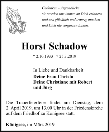 Traueranzeige von Horst Schadow von Ostthüringer Zeitung