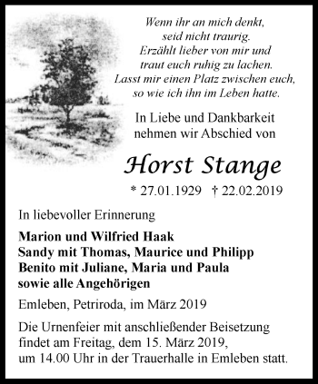 Traueranzeige von Horst Stange von Ostthüringer Zeitung, Thüringische Landeszeitung