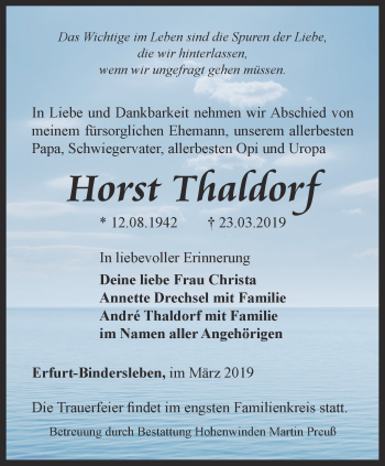 Traueranzeige von Horst Thaldorf von Thüringer Allgemeine, Thüringische Landeszeitung