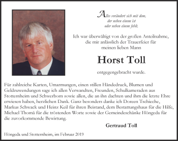 Traueranzeige von Horst Toll von Thüringer Allgemeine, Thüringische Landeszeitung