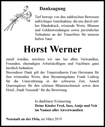 Traueranzeige von Horst Werner von Ostthüringer Zeitung