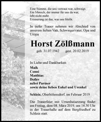 Traueranzeige von Horst Zölßmann von Ostthüringer Zeitung