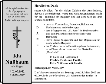Traueranzeige von Ida Nußbaum von Thüringer Allgemeine