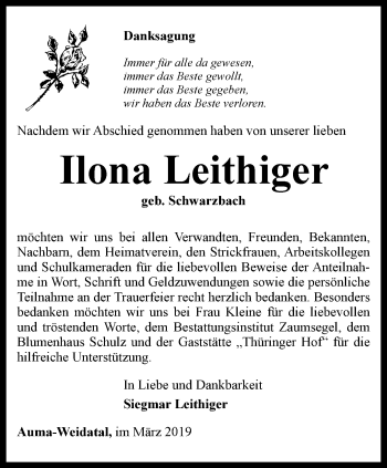 Traueranzeige von Ilona Leithiger von Ostthüringer Zeitung