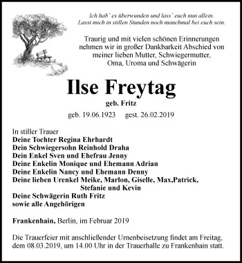 Traueranzeige von Ilse Freytag von Thüringer Allgemeine