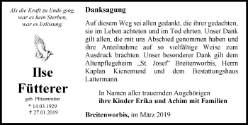 Traueranzeige von Ilse Fütterer von Thüringer Allgemeine